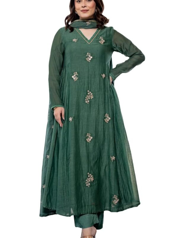 Women Embroidery Solid Anarkali Kurta and Pant Set with Dupatta