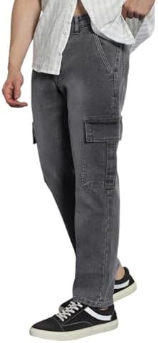 Men's Regular Fit Washed Cargo Jeans with 6 Pockets Stretchable