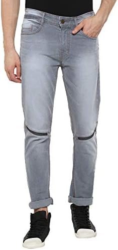 Men's Ice Blue Slim Fit Zippered Jeans Stretch