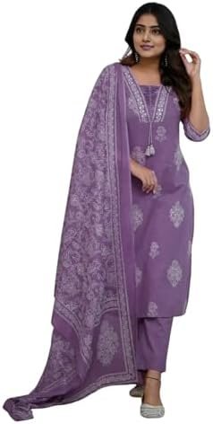 |Women’s Pure Cotton Printed with Handwork Kurta with Pants and Dupatta Set |