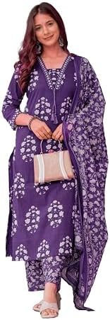 Women’s Pure Cotton Printed Straight Kurta Set with Palazzo Pants & Dupatta-