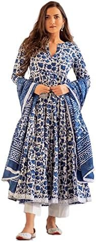 Women’s Cotton Printed Anarkali Kurta with Palazzo & Dupatta Set