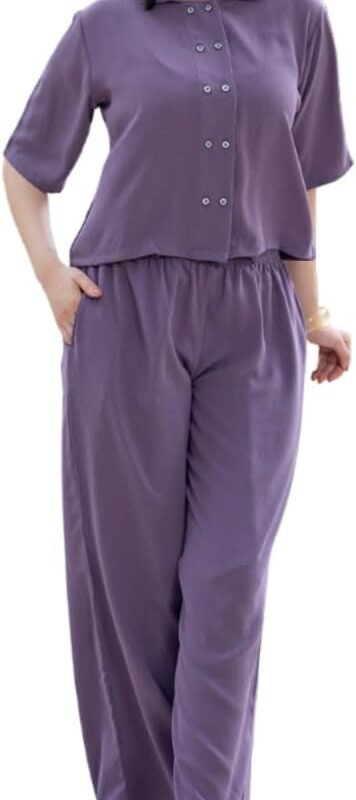 Women’s Rayon Wrinkle Fabric Purple Color Crop Shirt And Trouser Co-Ord Set