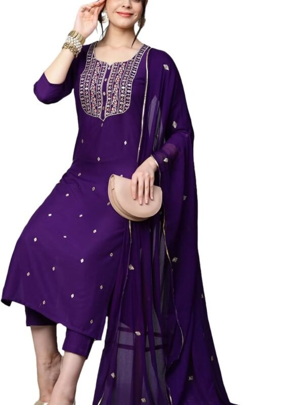 Women’s Cotton Blend Embroidered Kurta Set with Pant & Dupatta – Straight