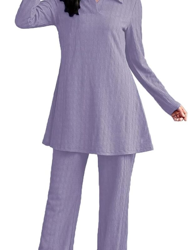 Women’s Solid Color Two-Piece Set | Long Sleeve Top & Wide Leg Pants Co-ord Set