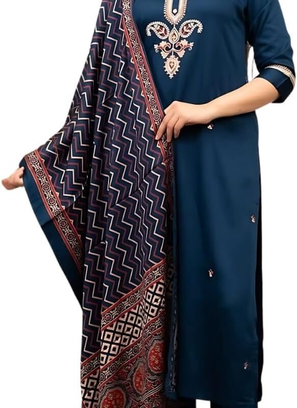Women’s Chanderi Silk Embroidered Straight Kurta with Pant and Dupatta Sets