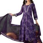 Women’s Rayon Embroidered and Printed Flared Kurta with Pant and Dupatta Sets