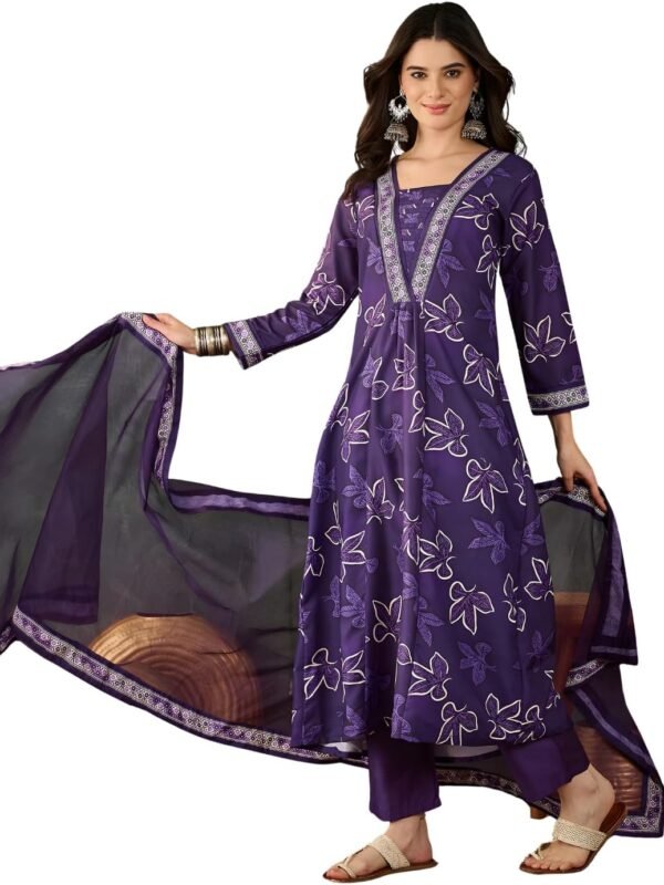 Women’s Rayon Embroidered and Printed Flared Kurta with Pant and Dupatta Sets