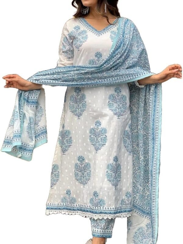 Women Cotton Block Printed Kurta Pant With Dupatta